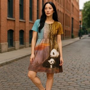 TREU Pandas Scenery Elastic Waist Women’s Dress
Size XL
95% Polyester 5% Spandex